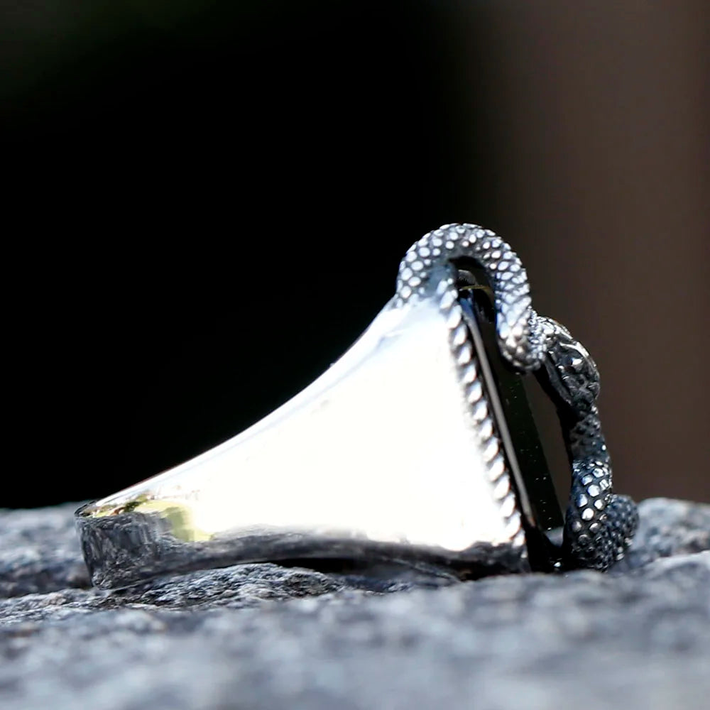 Anel Masculino Serpente Obsidiana 3D Aço Prata
