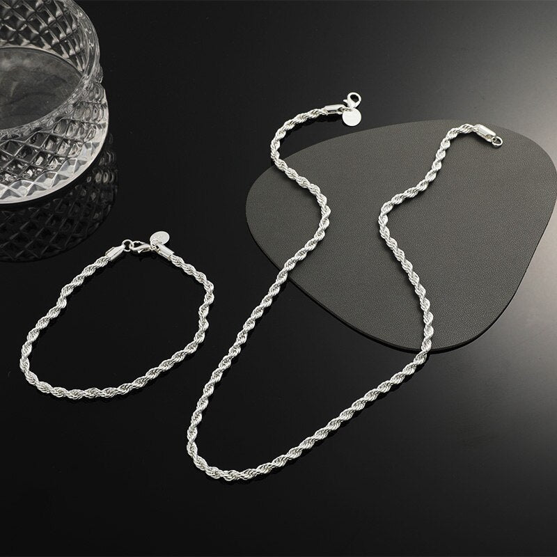 Kit Colar + Pulseira Cordão Baiano Aço Prata - 4mm