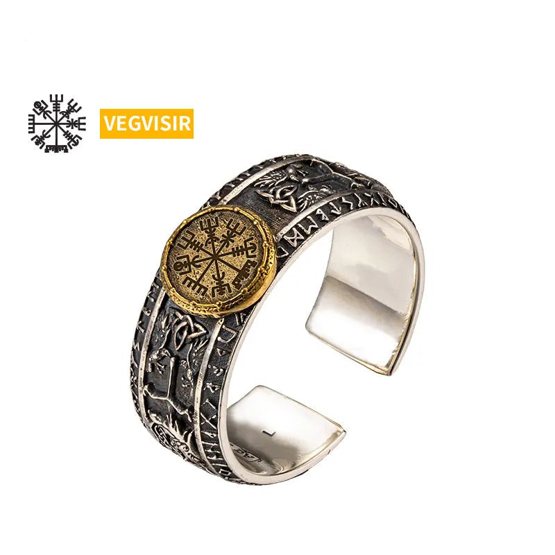 Anel Masculino Runas Viking Ajustável – Prata 925