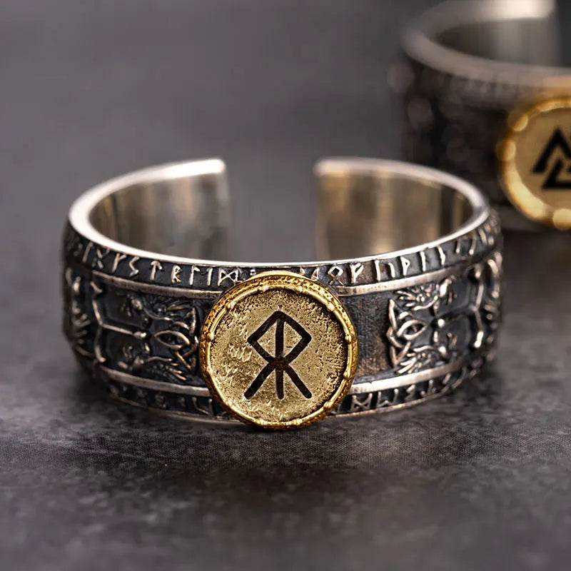 Anel Masculino Runas Viking Ajustável – Prata 925
