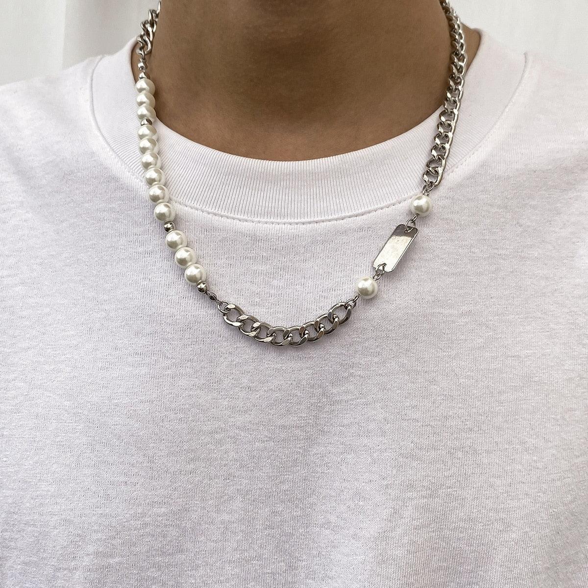 Colar Masculino de Pérolas e Corrente Grumet Aço Prata - Loja Hey Dude