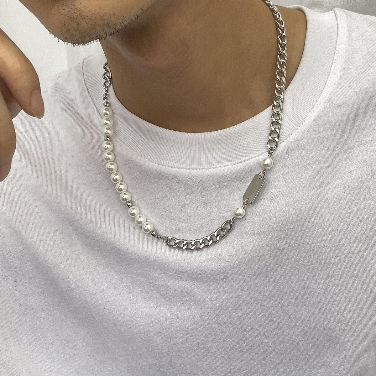 Colar Masculino de Pérolas e Corrente Grumet Aço Prata - Loja Hey Dude