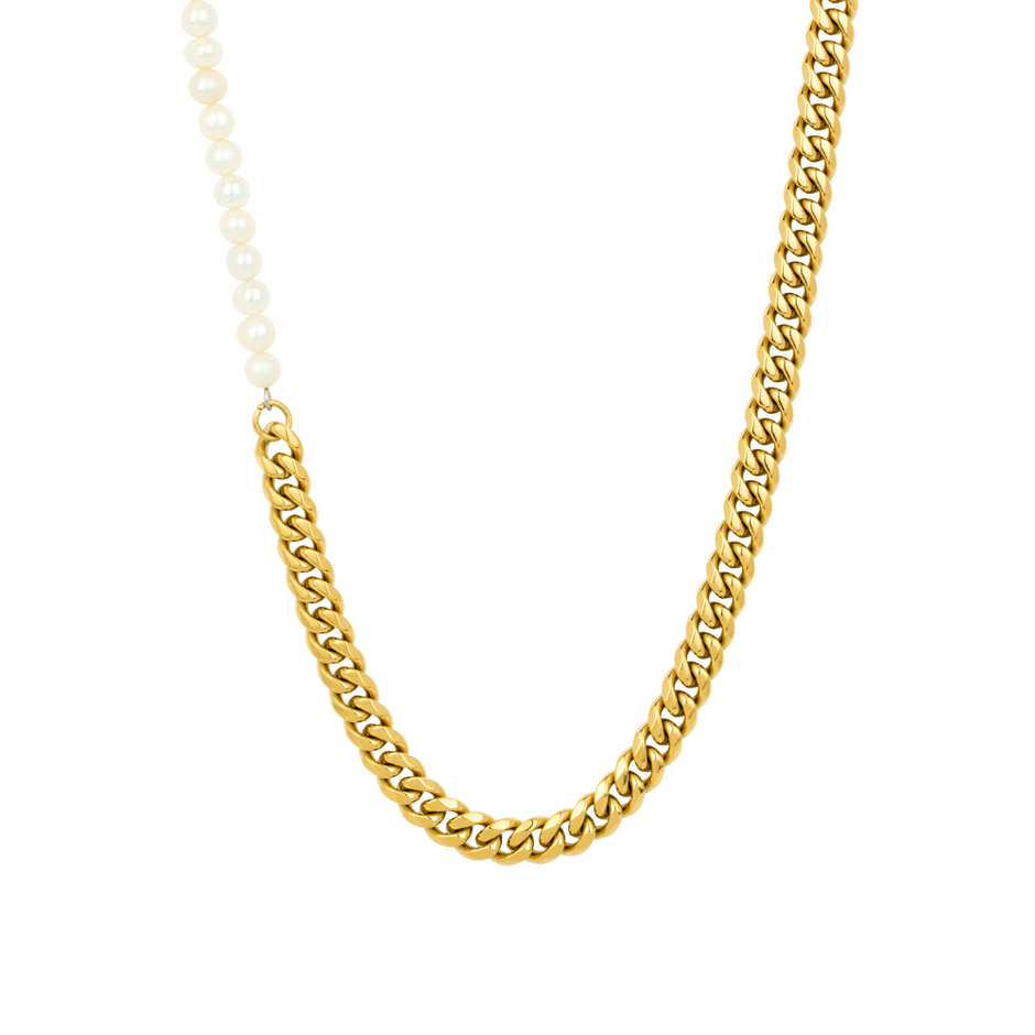 Colar Masculino Meio Pérolas Corrente Cubana (6mm) - Aço Dourado