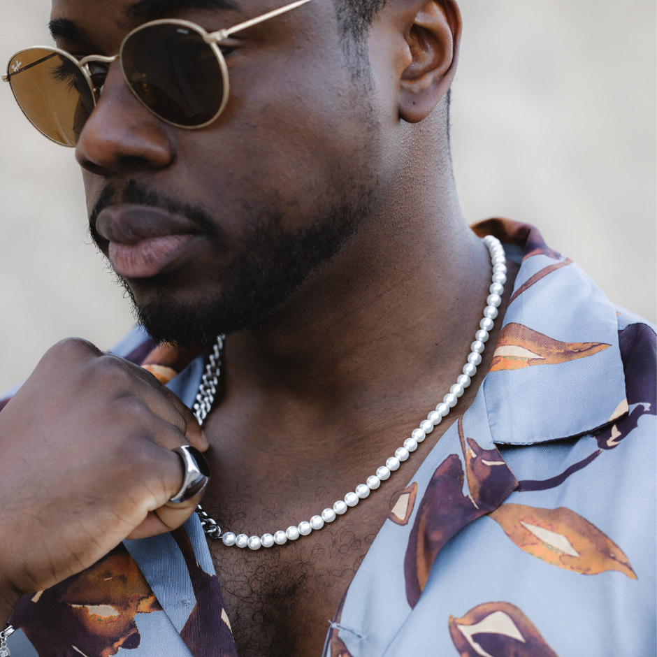 Colar Masculino Meio Pérolas Corrente Cubana (6mm) - Aço Prata