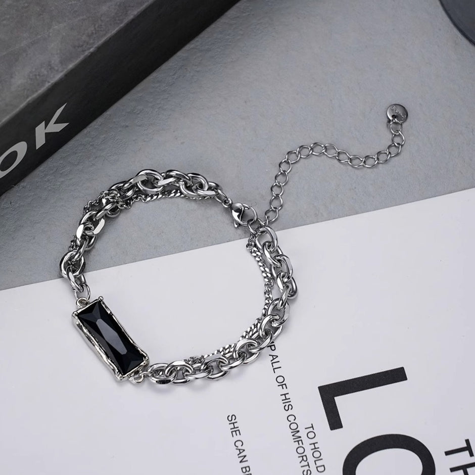 Pulseira Masculina Black Stone Aço Prata