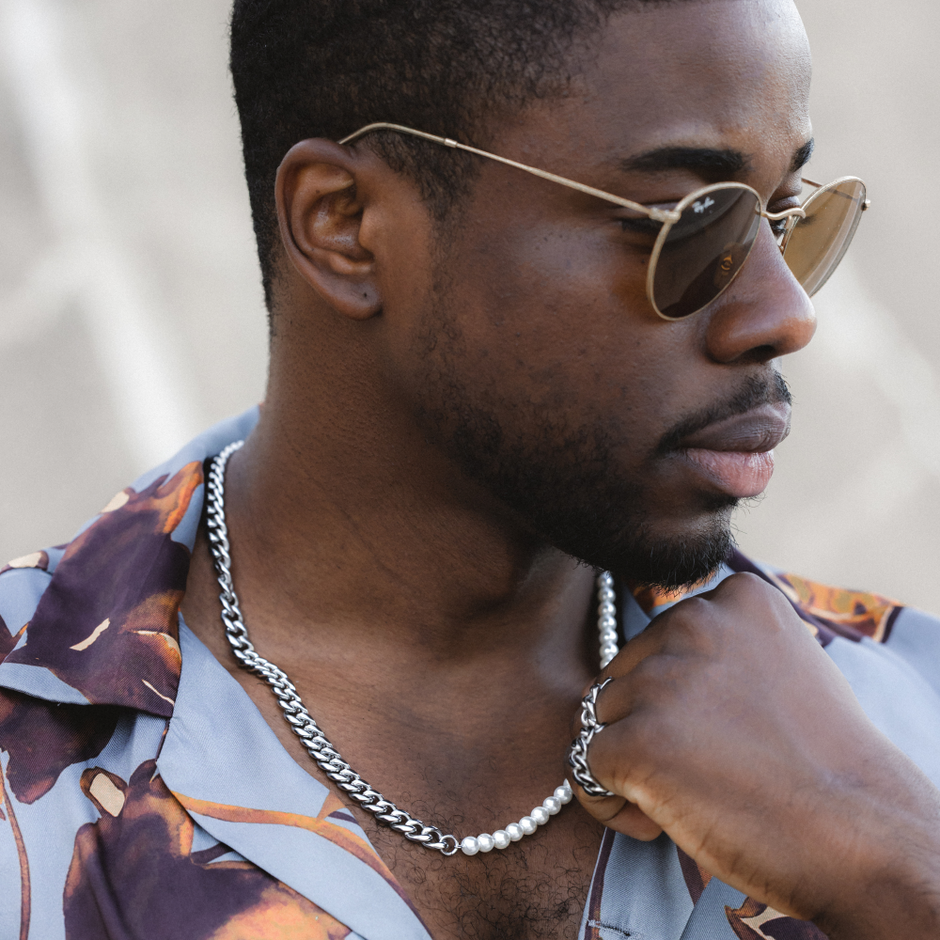 Colar Masculino Meio Pérolas Corrente Cubana (6mm) - Aço Prata