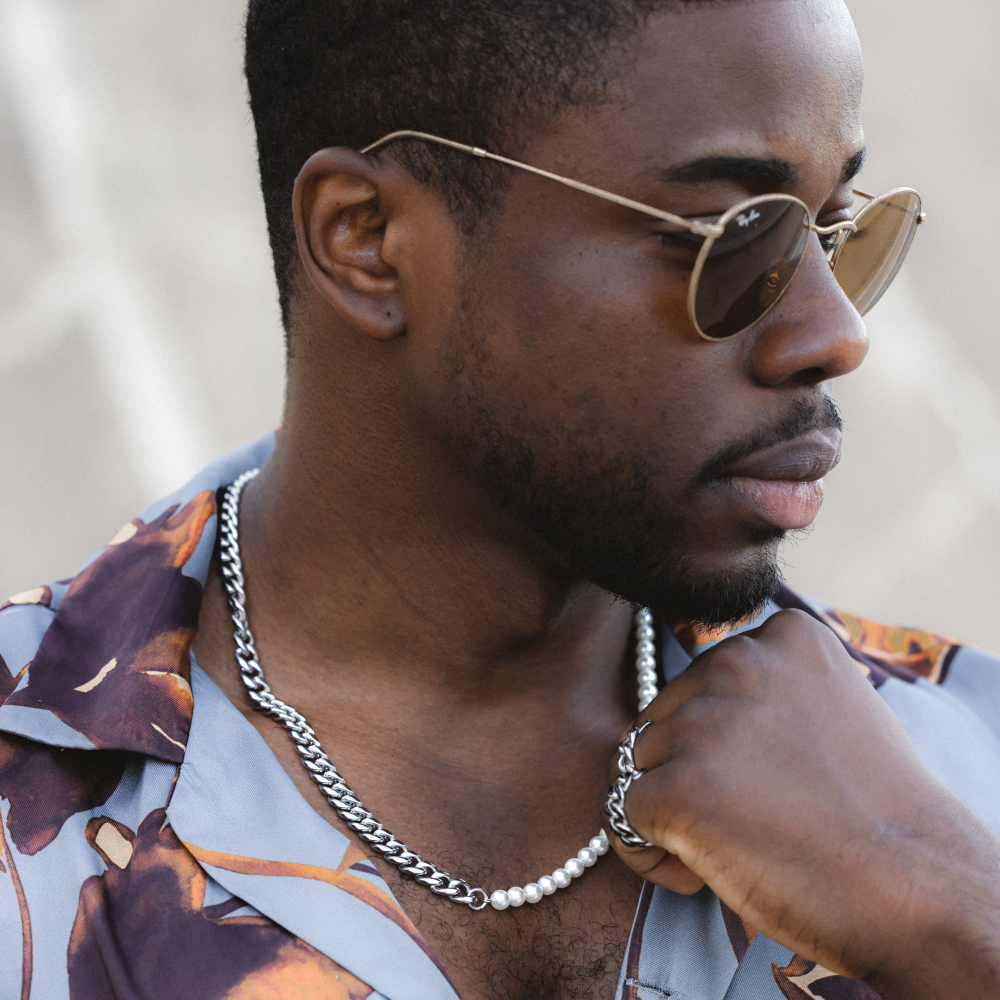 Colar Masculino Meio Pérolas Corrente Cubana (6mm) - Aço Prata