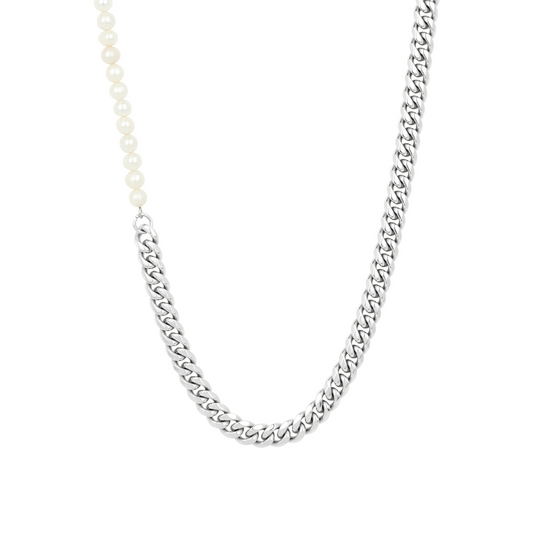 Colar Masculino Meio Pérolas Corrente Cubana (6mm) - Aço Prata