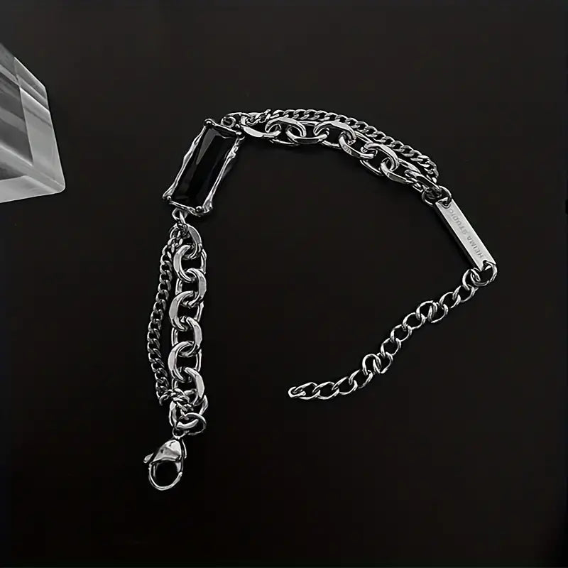 Pulseira Masculina Black Stone Aço Prata