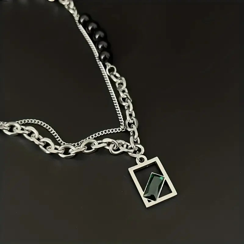 Colar Masculino em Camadas Quadro Verde Aço Prata