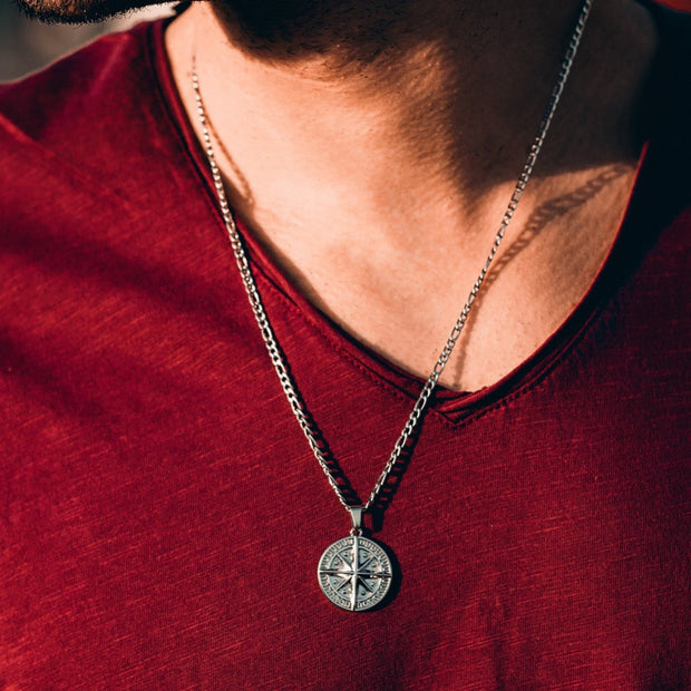 Colar Masculino Pingente Bússola Aço Prata