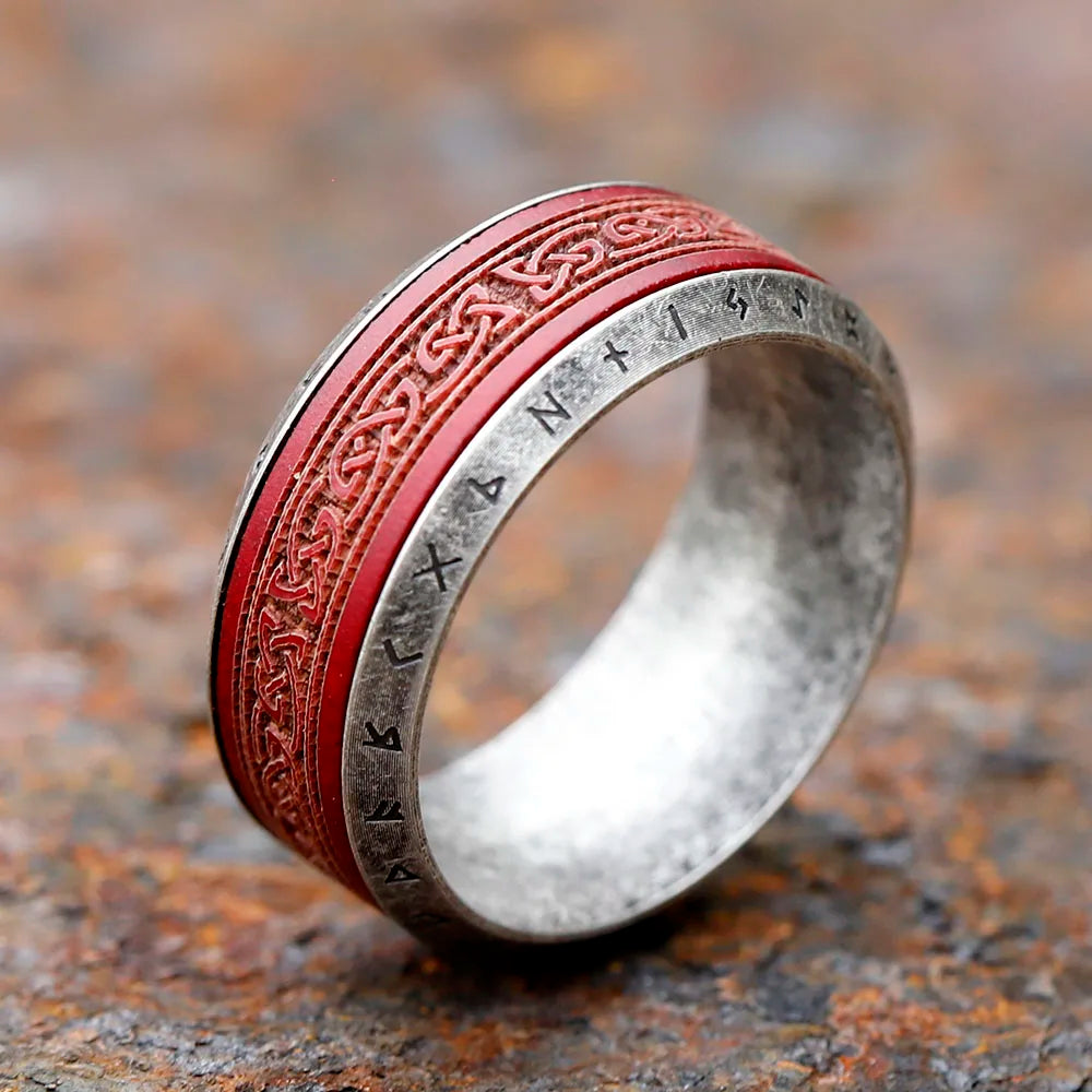 Anel Masculino Rosewood Viking Aço Prata vermelho