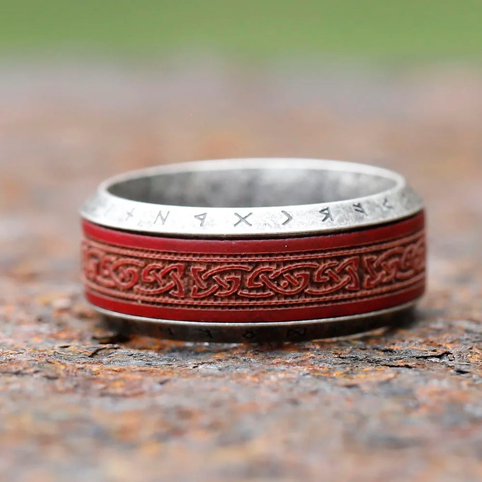 Anel Masculino Rosewood Viking Aço Prata vermelho