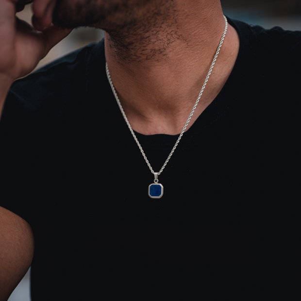 Colar Masculino Pingente de Lápis-lazúli Azul e Prata