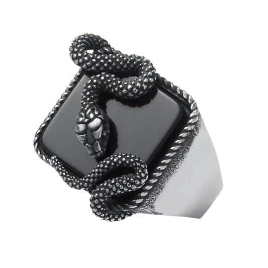 Anel Masculino Serpente Obsidiana 3D Aço Prata