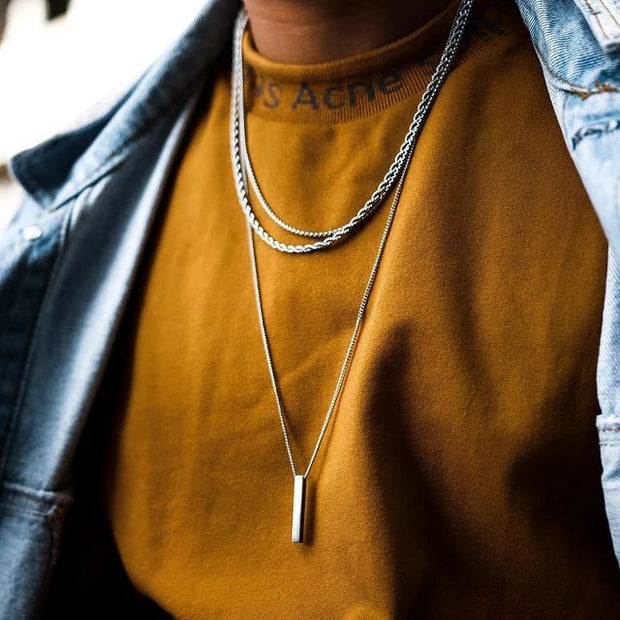 Colar Masculino Camadas Pingente Retangular Aço Prata