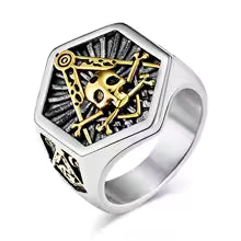 Anel Masculino Caveira Maçônica Hexagonal