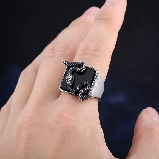 Anel Masculino Serpente Obsidiana 3D Aço Prata