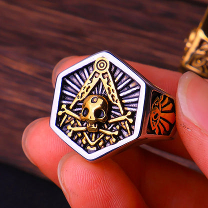 Anel Masculino Caveira Maçônica Hexagonal