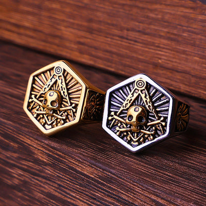 Anel Masculino Caveira Maçônica Hexagonal