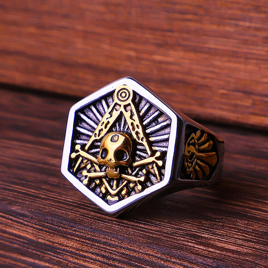 Anel Masculino Caveira Maçônica Hexagonal
