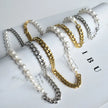 Kit 2 Peças Colar e Pulseira Meio Pérolas Corrente Cubana - Aço Dourado