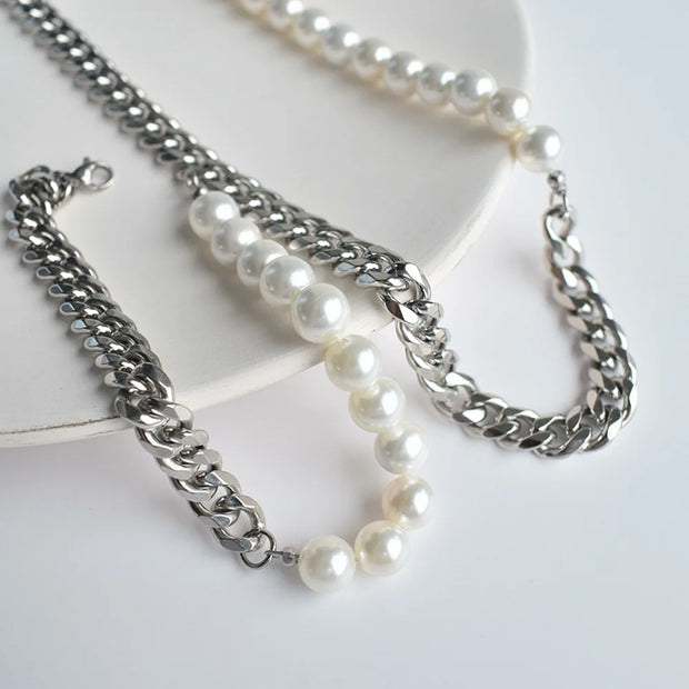 Kit 2 Peças Colar e Pulseira Meio Pérolas Corrente Cubana - Aço Prata