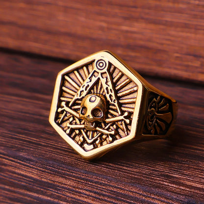 Anel Masculino Caveira Maçônica Hexagonal