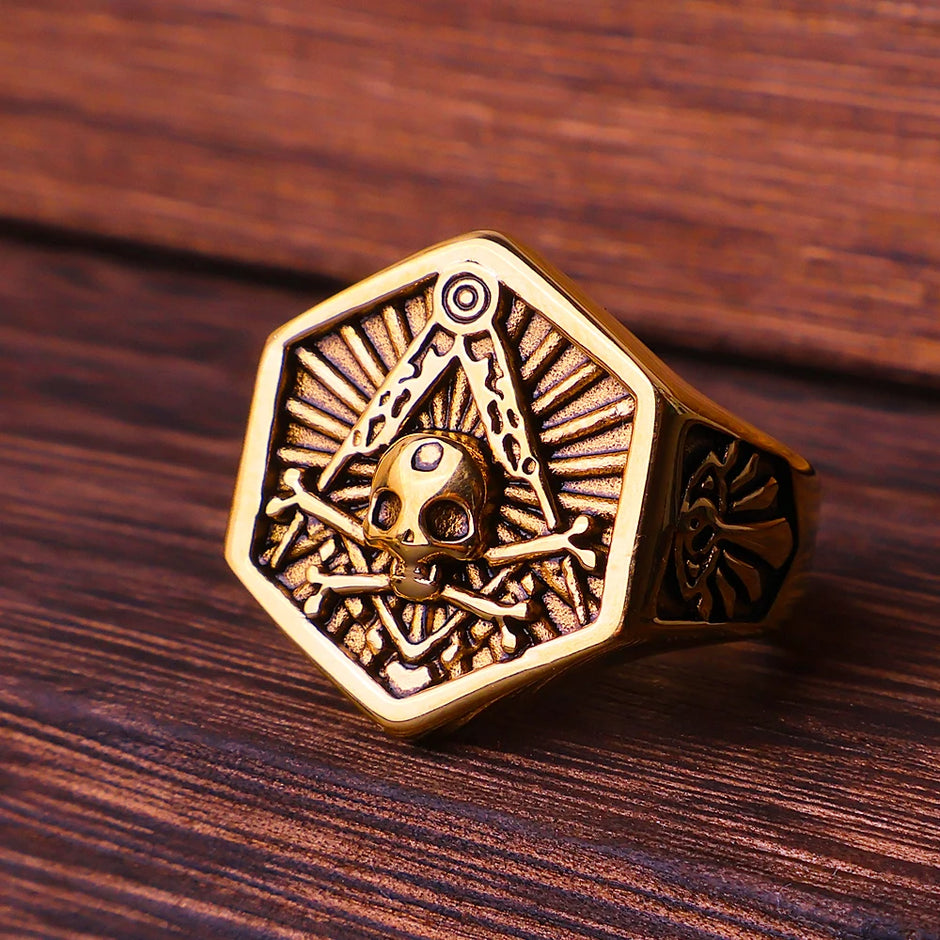Anel Masculino Caveira Maçônica Hexagonal