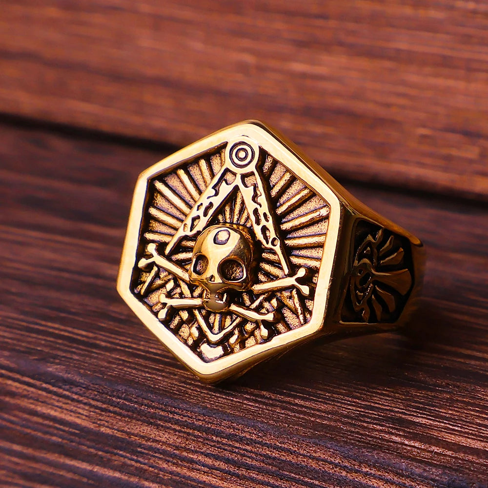 Anel Masculino Caveira Maçônica Hexagonal