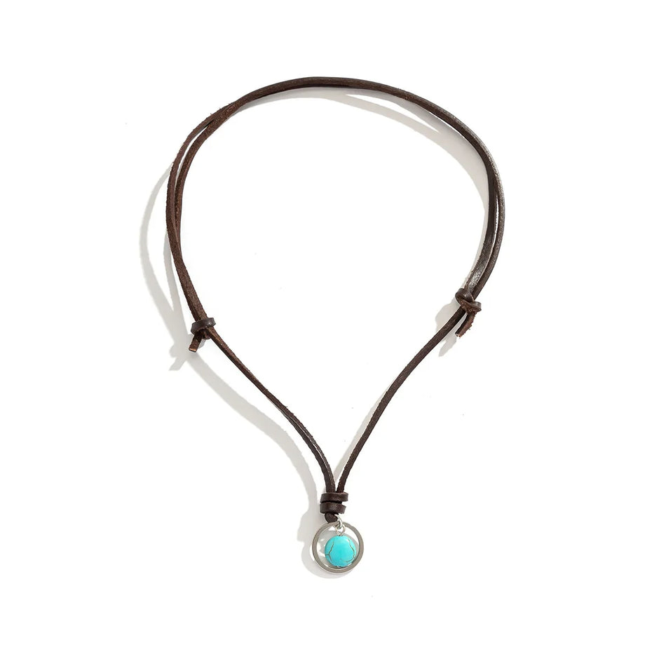 Colar Masculino de Couro Anel Turquesa