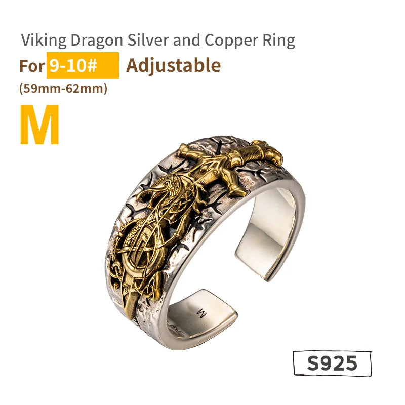 Anel Masculino Dragão Viking Ajustável – Prata 925