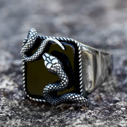 Anel Masculino Serpente Obsidiana 3D Aço Prata