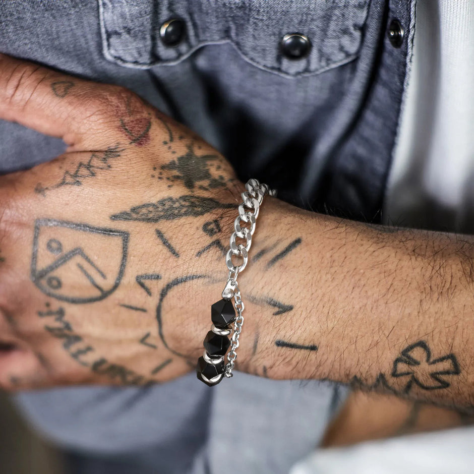 Pulseira Masculina de Pedra Granulada Aço Prata