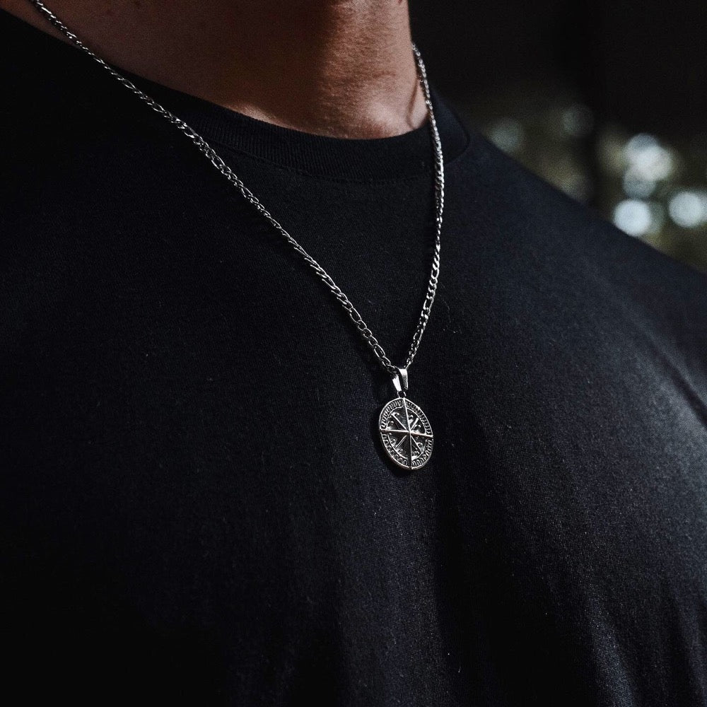 Colar Masculino Pingente Bússola Aço Prata