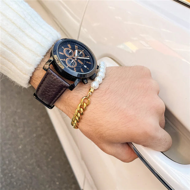 Kit 2 Peças Colar e Pulseira Meio Pérolas Corrente Cubana - Aço Dourado