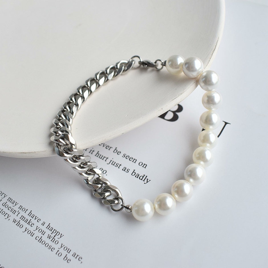 Kit 2 Peças Colar e Pulseira Meio Pérolas Corrente Cubana - Aço Prata