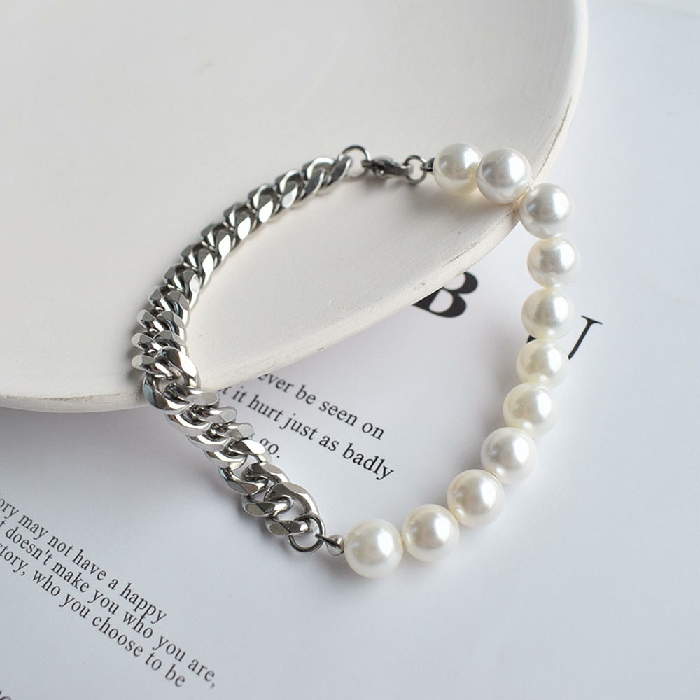 Kit 2 Peças Colar e Pulseira Meio Pérolas Corrente Cubana - Aço Prata