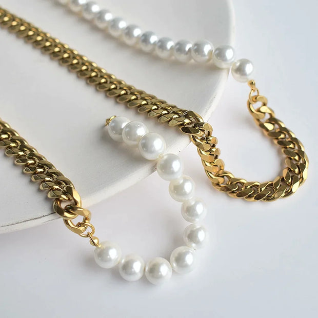 Kit 2 Peças Colar e Pulseira Meio Pérolas Corrente Cubana - Aço Dourado