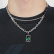 Colar Masculino em Camadas Quadro Verde Aço Prata