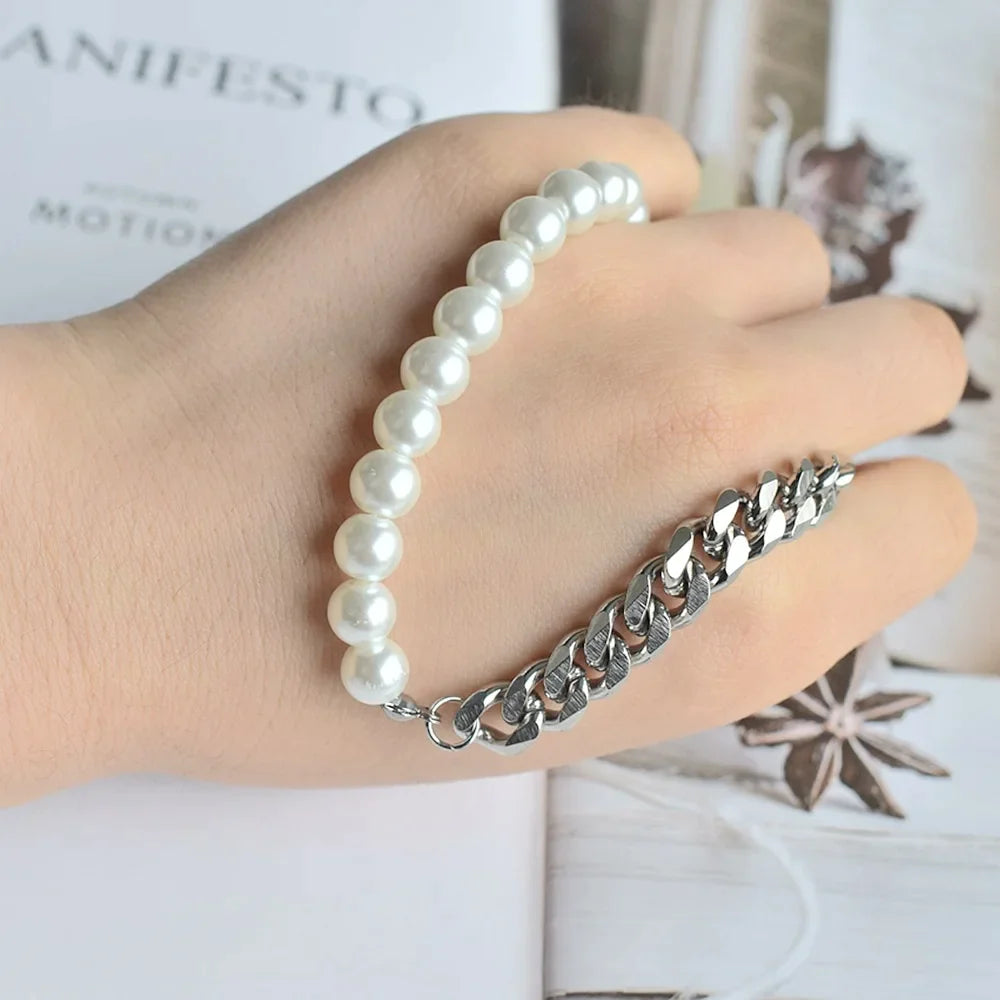 Kit 2 Peças Colar e Pulseira Meio Pérolas Corrente Cubana - Aço Prata