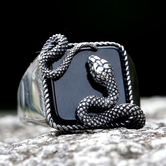 Anel Masculino Serpente Obsidiana 3D Aço Prata