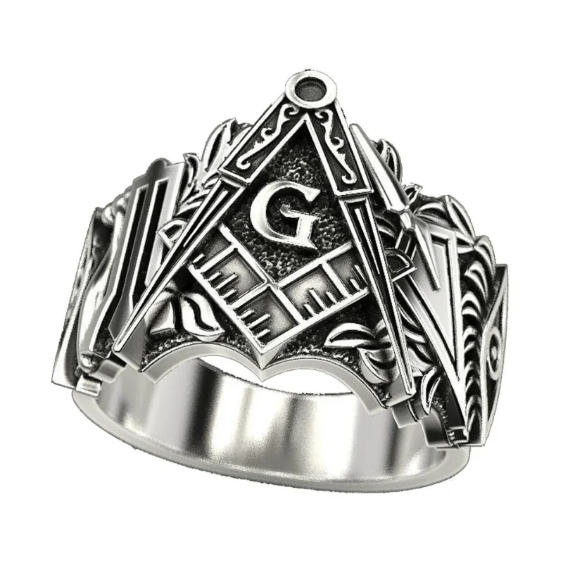  Anel masculino Retro Maçonaria em aço prata, exibido em fundo branco, destacando o design maçônico vintage.