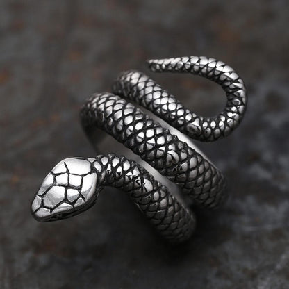 Anel masculino serpente enrolada em aço prata visto de cima, mostrando os detalhes intricados da serpente