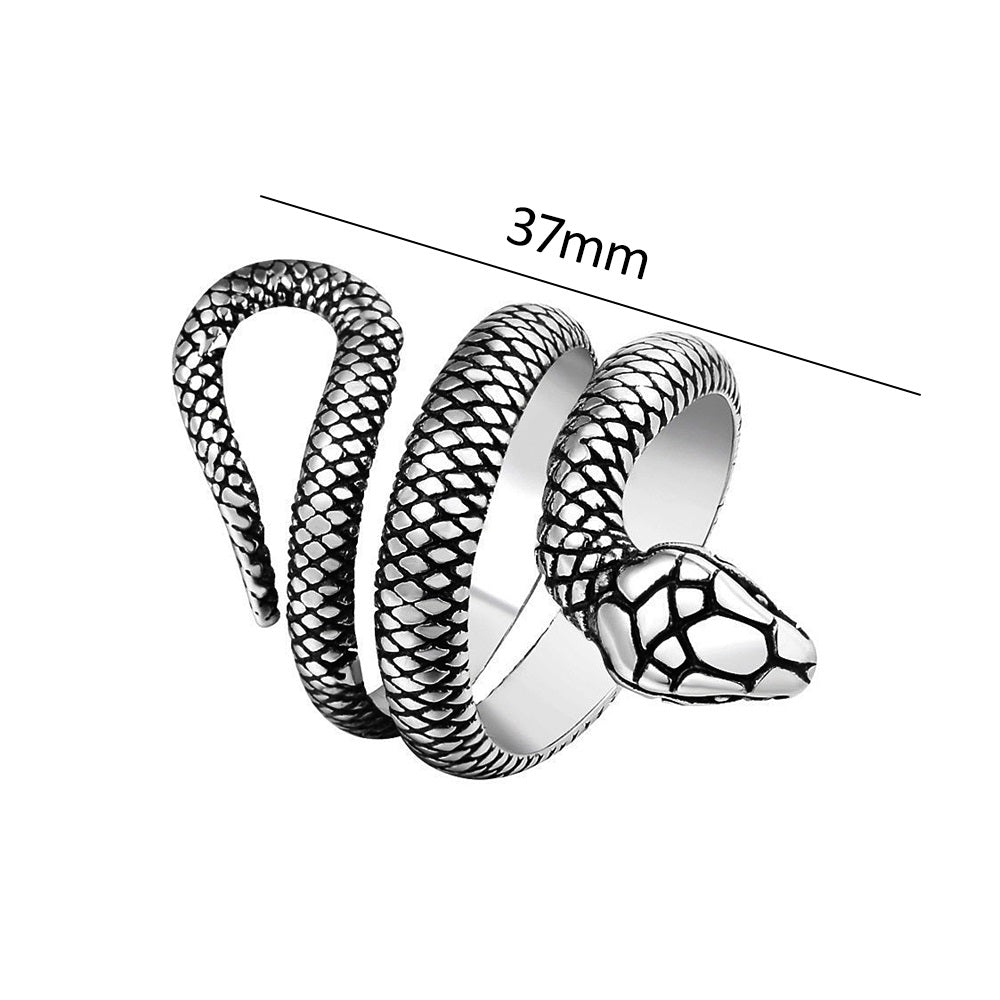 Anel serpente enrolada em aço prata, em fundo branco, com design sólido e simbólico.