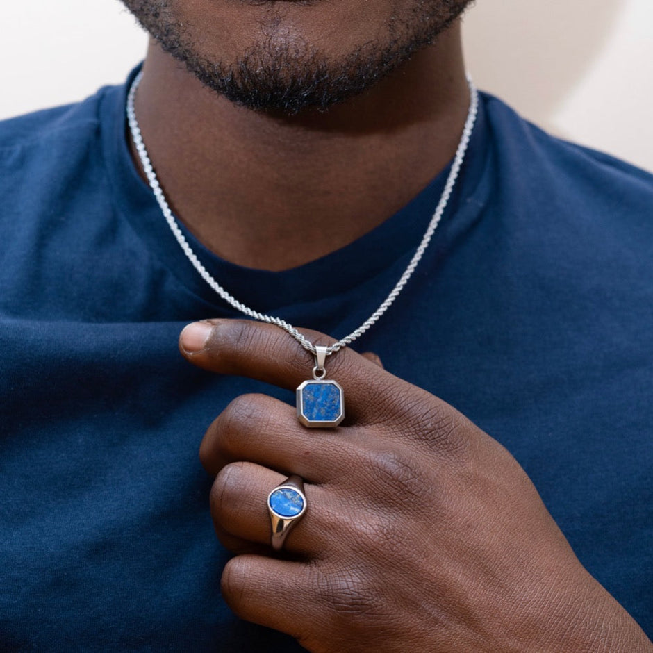 Colar Masculino Pingente de Lápis-lazúli Azul e Prata