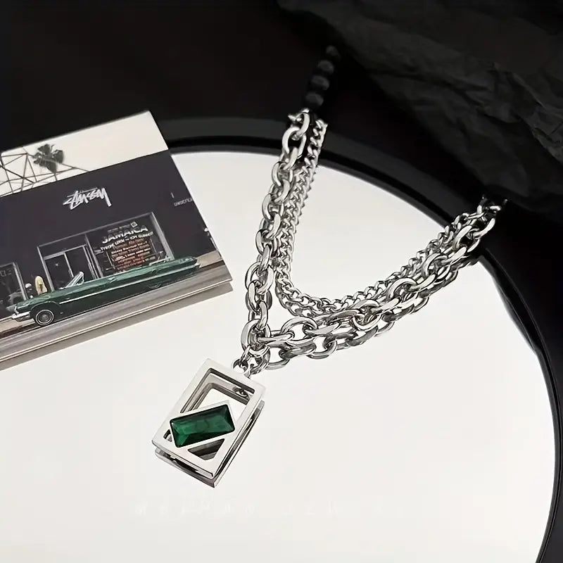 Colar Masculino em Camadas Quadro Verde Aço Prata