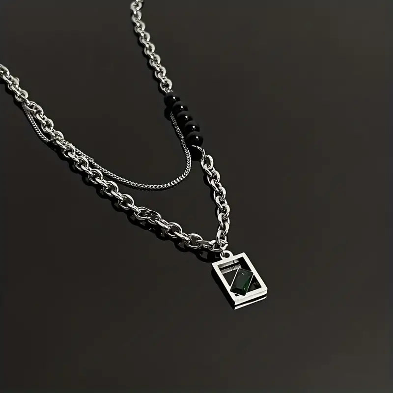 Colar Masculino em Camadas Quadro Verde Aço Prata