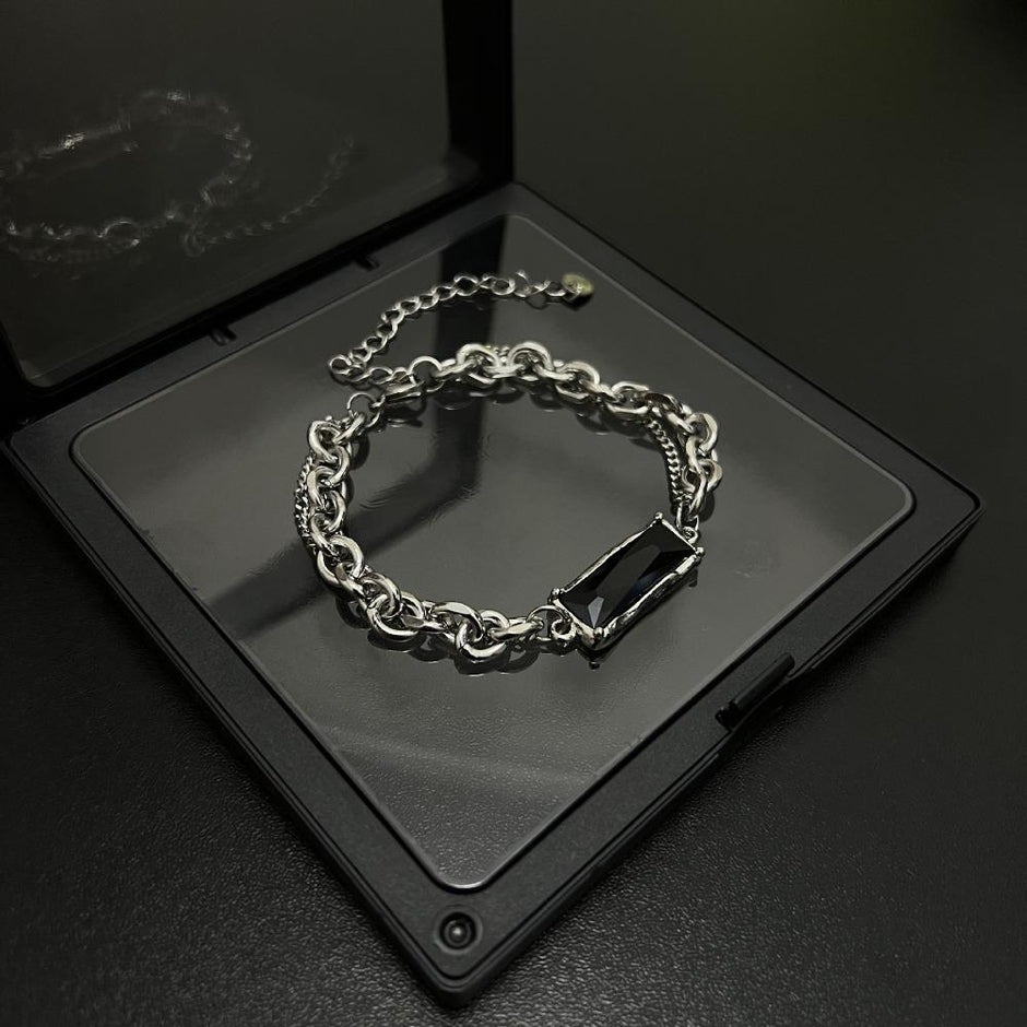 Pulseira Masculina Black Stone Aço Prata