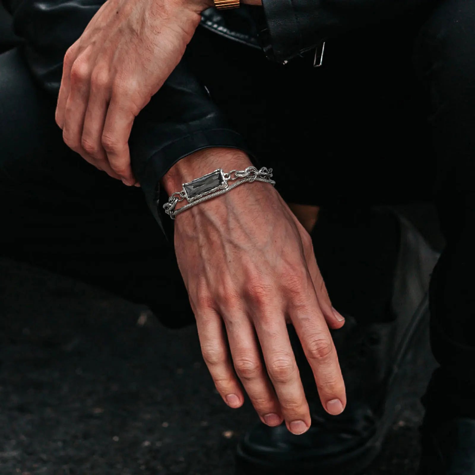 Pulseira Masculina Black Stone Aço Prata